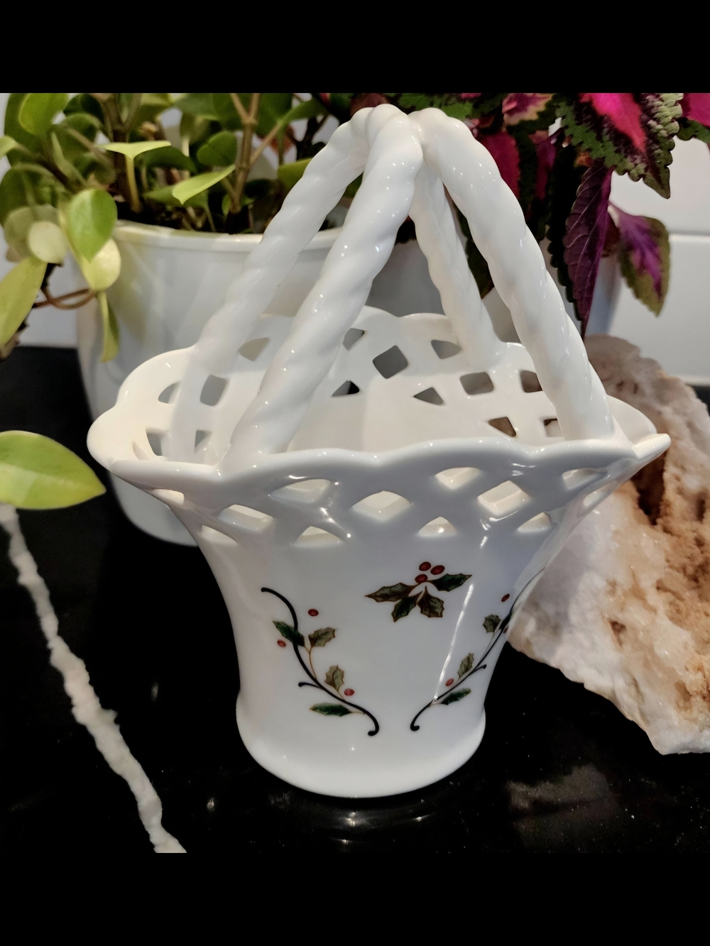 Vintage Mikasa Holiday Lace Porcelain Basket Holly & Berries Christmas Decor